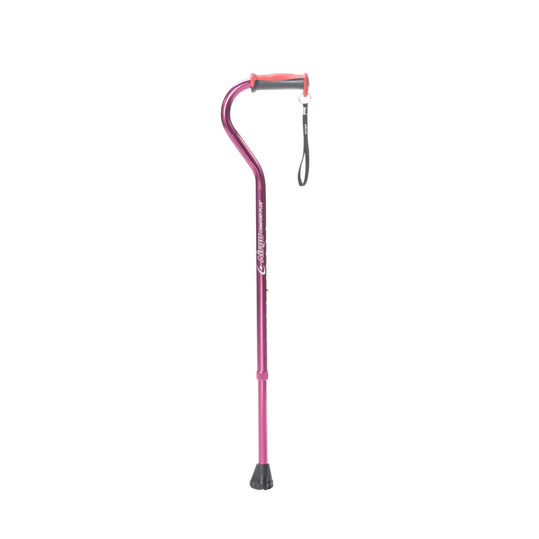 The Drive Airgo Comfort-Plus Aluminum Cane with Offset Handle, featuring a metallic pink finish, cushioned grip, black rubber tip, and wrist strap for comfort and style, is displayed against a white background.